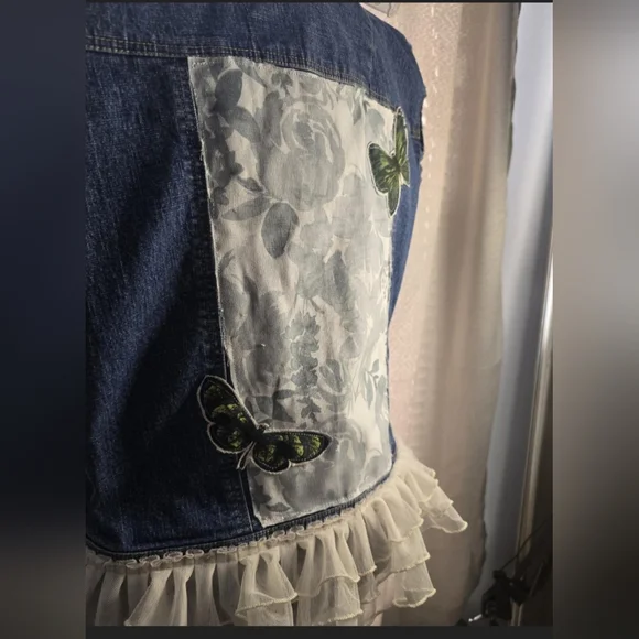 Upcycled Denim Vest with Ruffle Trim and Butterfly Patch Size Medium - Picture 7 of 11
